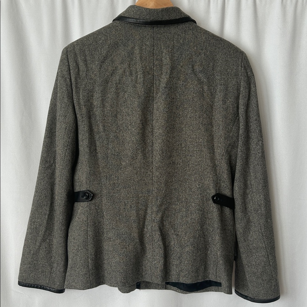 Oscar de la Renta Gray Wool Zip Front Jacket w/ Black Leather Trim *Size 12** 🌺🌺 - Picture 2 of 7